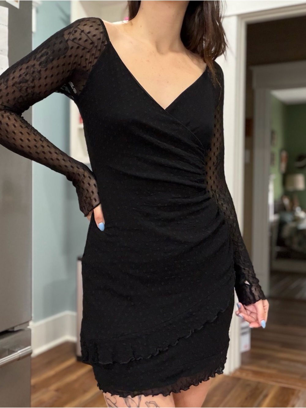 Vintage 90s/Y2K Betsey Johnson Swiss Dot Mesh Sleeve Ruched Mini Dress - Picture 3 of 6